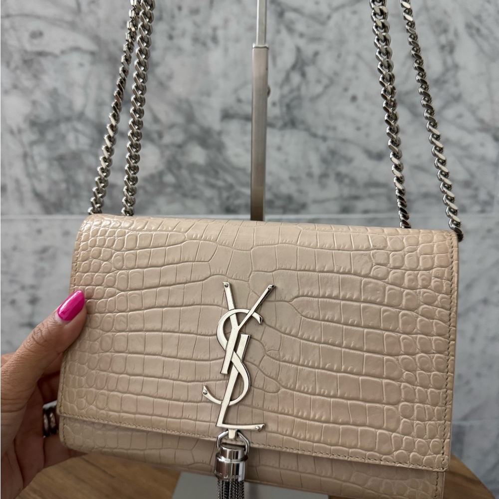 Yves Saint Laurent Beige Kate Croc-Embossed Chain Bag